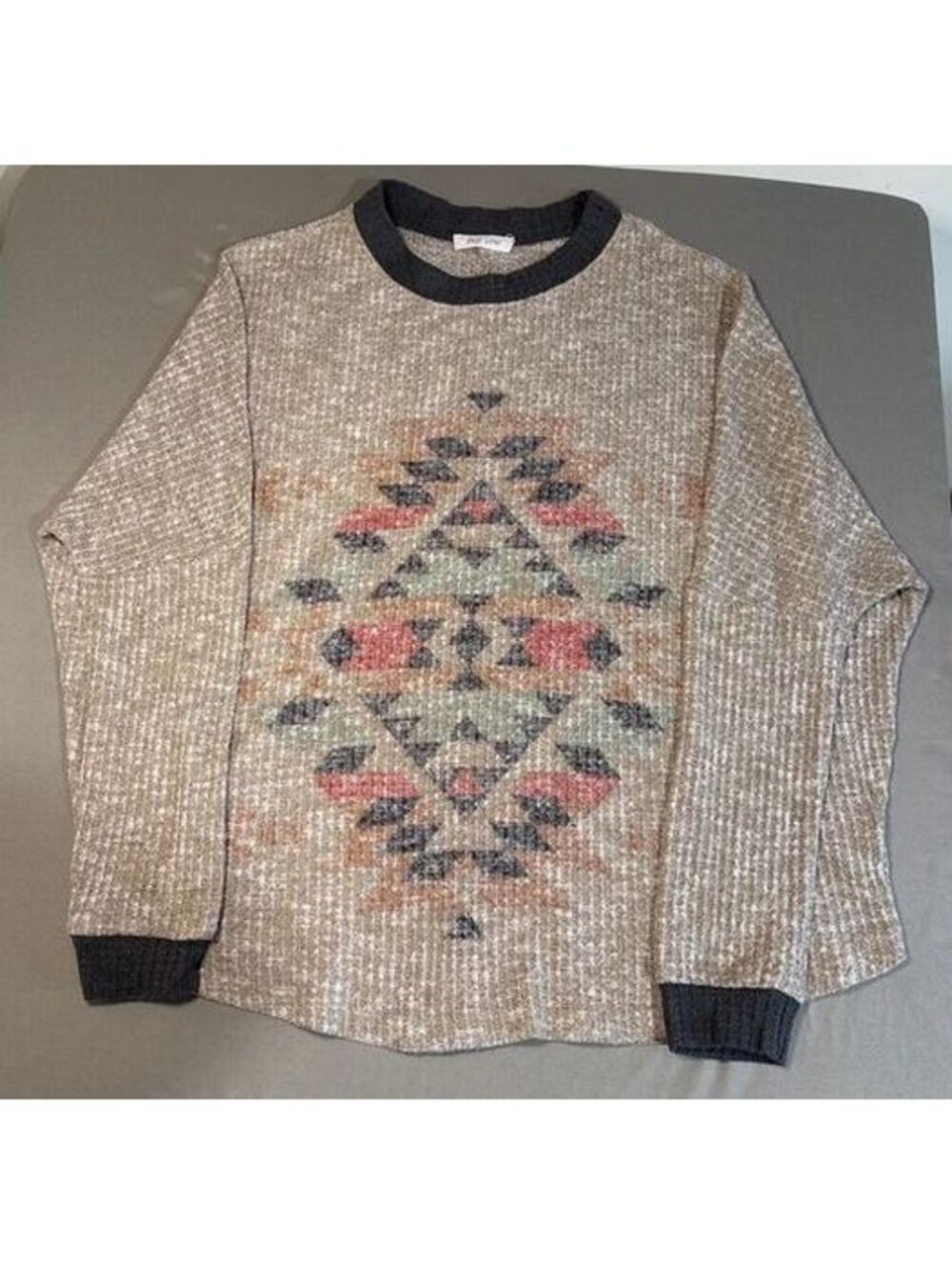 Phil Love Small Beige Patterned Sweater with Dark Gray Trim